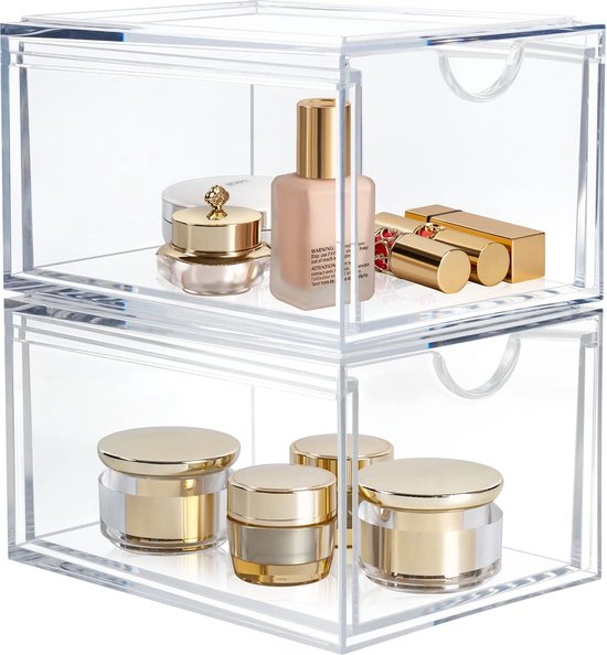 Stapelhoog Cosmetica Organizer Lades - Acryl Duidelijke Make-up Organizer - Vanity Container Bakje voor Cosmetica, Huidverzorging, Haaraccessoires - Badkamer Aanrecht of Dressoir - Set van 2
