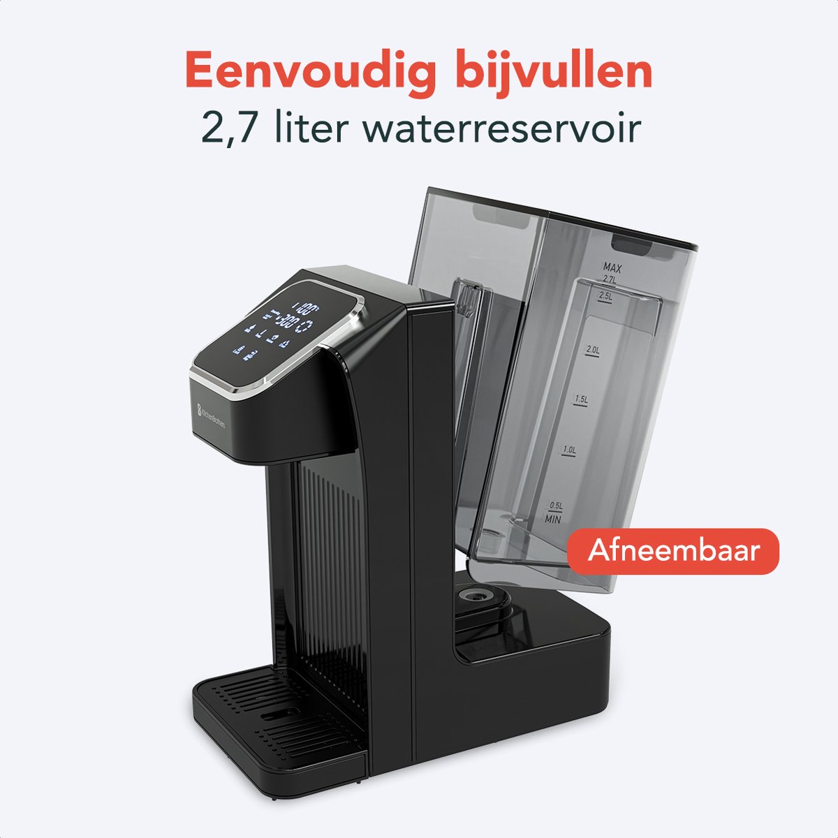 KitchenBrothers Heetwaterdispenser - 2.7L - Instant Waterkoker - BPA en PFAS Vrij - 7 standen van 100 t/m 400 ml - Heetwatertap - 40-100°C - Zwart — afbeelding 6