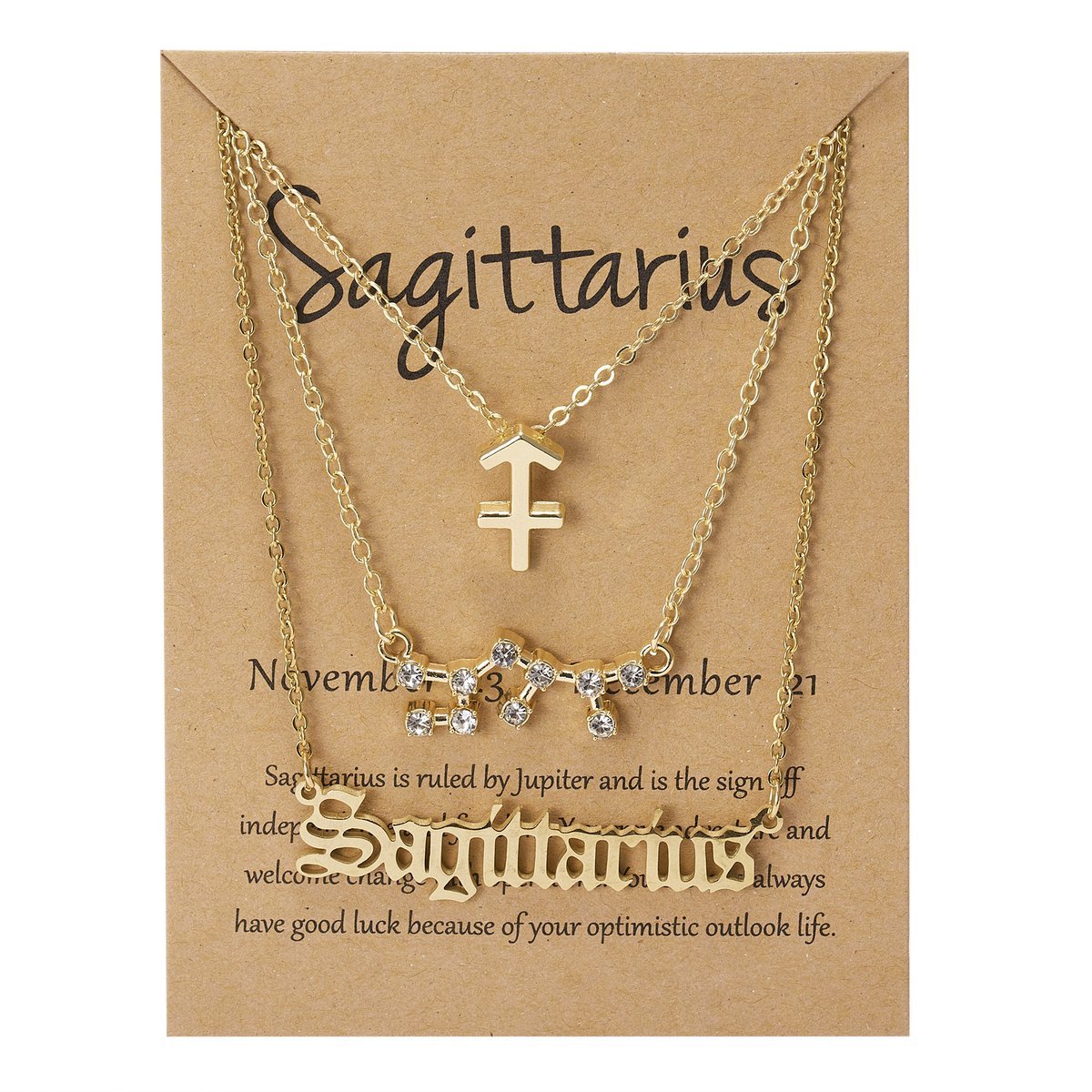 Bixorp Stars Set van 3 Boogschutter / Sagittarius Kettingen - Goudkleurige Ketting op Cadeau Kaartje - Sterrenbeeld / Zodiac Sieraden Set