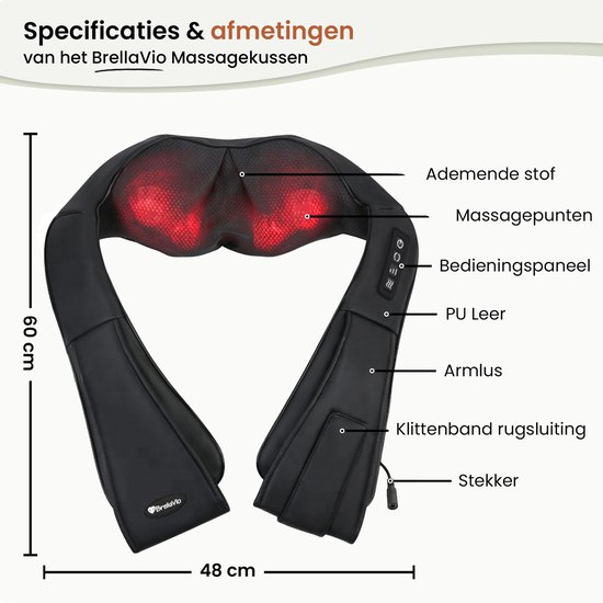 Afmetingen van een zwart massagekussen: 60 cm hoog en 48 cm breed. Gemaakt van ademende stof en PU leer, met massagepunten, bedieningspaneel, armlussen en klittenbandsluiting.