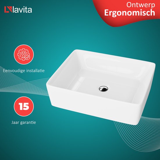 Witte rechthoekige opzetwastafel van Lavita. Ergonomisch ontwerp. Eenvoudige installatie. 15 jaar garantie.
