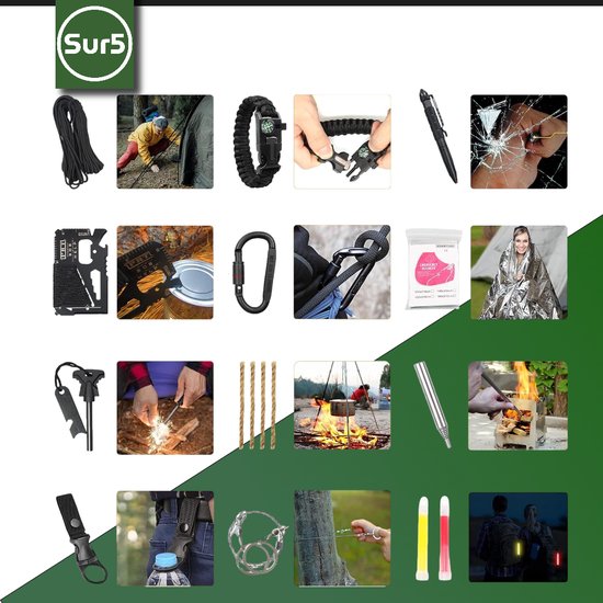 SUR5® Survival Set Premium NL / BE - Kit d'urgence le plus complet et de haute qualité - Kit de Survie pour toutes vos aventures en outdoor avec outil multifonction 16 en 1 de haute qualité, filtre à eau 2.0, boussole,... - Bushcraft - Zwart