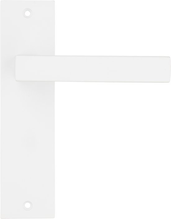 Witte deurklink op een wit kort schild met twee schroefgaten.