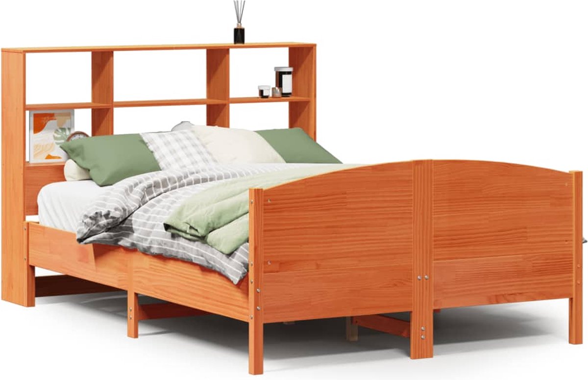 vidaXL - Bed - met - boekenkast - zonder - matras - grenenhout - wasbruin - 160x200 - cm