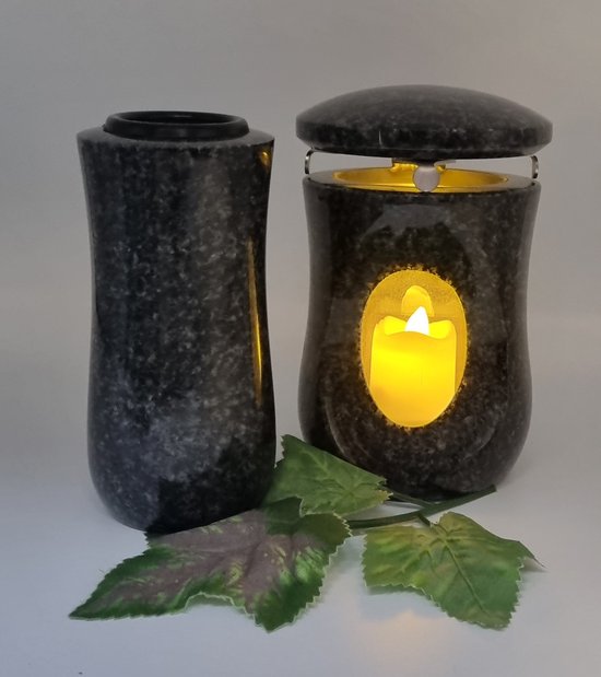 Designgrab Design kleine graflamp met sokkel van graniet Nero Impala/Astor antraciet, grafversieringsset