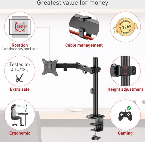 ErGear 3 Monitor Monitor Stand for 13-27'', 3 Gas Monitor Arms with USB Ports, Height Adjustable, Tilt, Swivel and Swivel Monitor Stand, 2 Mounting Options, VESA 75/100mm