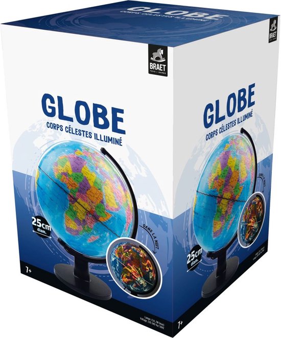 Globe van 25 cm met verlichte hemellichamen, in het donker oplichtend. Tekst: GLOBE CORPS CÉLESTES ILLUMINÉ.