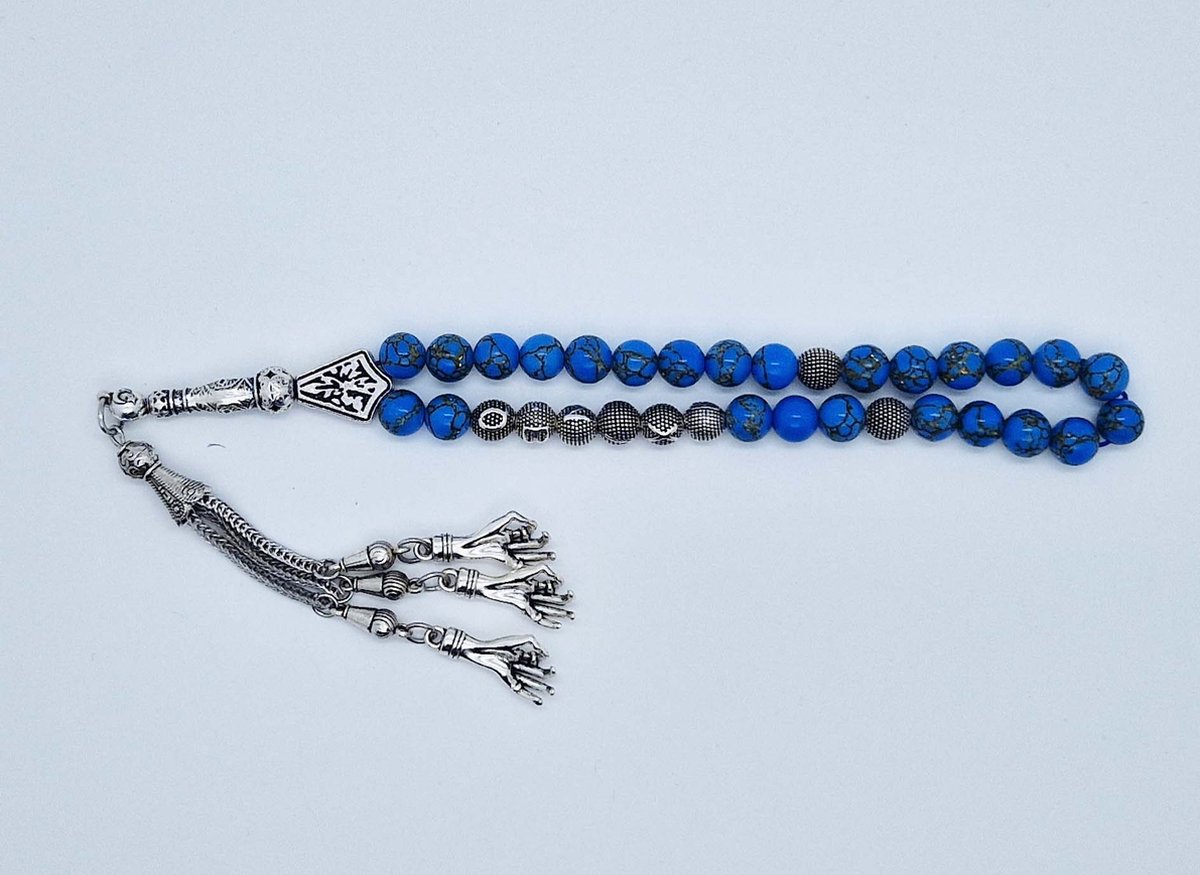 Handgemaakte naam tasbih 33 Kralen Natuursteen “Blauw howliet gesponnen goud” - met metaal tassel “ Handpalm"- Met je naam of de naam van uw geliefde- 8 mm diameter van de korrel