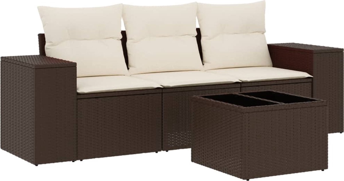 vidaXL 4-delige - Loungeset - met - kussens - poly - rattan - bruin