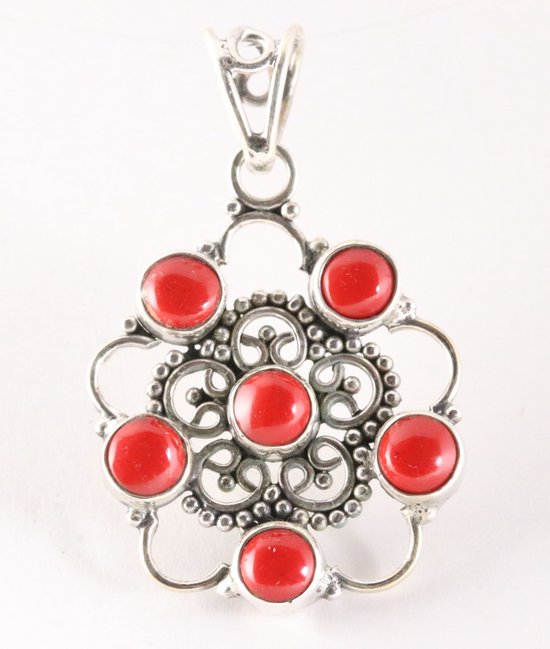 Pendentif Ancien En Argent Et Corail - Bijou Vintage Occasion, Pièce Unique