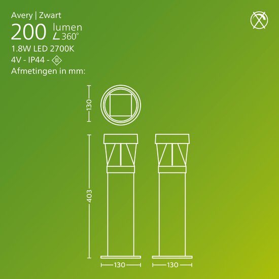 Technische tekening van de zwarte Philips Avery sokkellamp met afmetingen: 403 mm hoog, 130 mm breed.