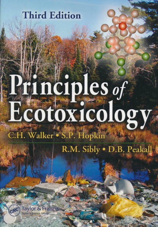 Derde editie Principes van Ecotoxicologie, met een molecuulmodel en vervuilde oever.