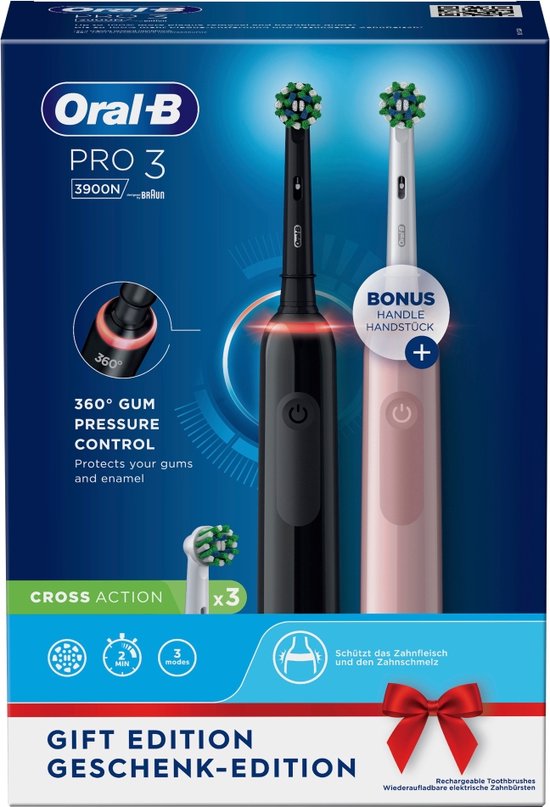 Oral B Pro 3 3900 Duo - Zwart en Roze Elektrische tandenborstel - met extra opzetborstel