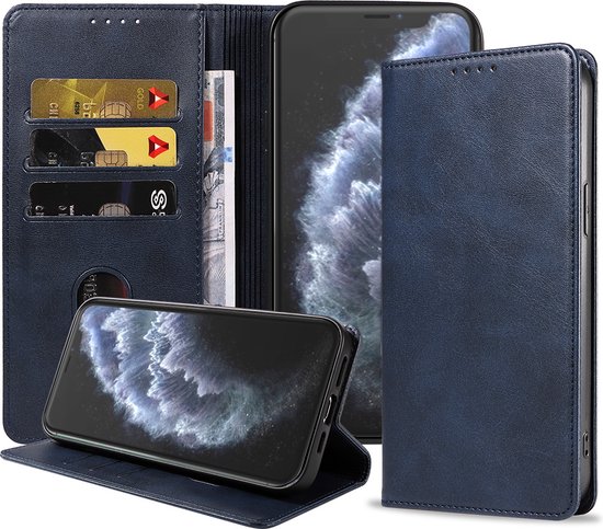 Coque iPhone 11 Pro en Cuir Blauw - Coque iPhone 11 Pro en Cuir de Luxe avec Fermeture Magnétique Blauw - Etui Bookcase en Cuir Blauw avec Porte-Cartes pour iPhone 11 Pro - Smartphonica