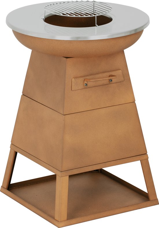 Roestbruine vuurkorf met een zilverkleurige grillplaat en een metalen rooster.