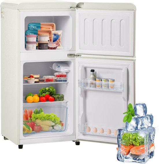 Sweiko 2-deurs Koelkast, totaal volume 60 liter, vriesvolume 22 liter, 102 kWh/jaar, -27°C ∽ 13°C, LED-verlichting, melkwit, Energieklasse E