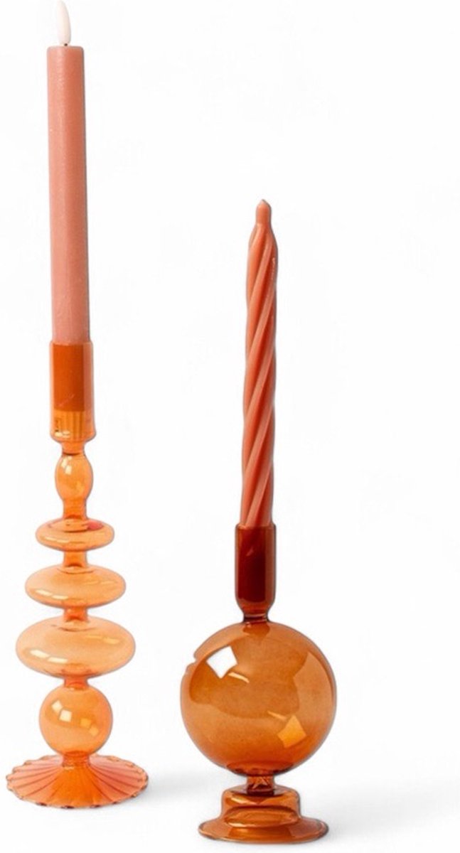 WINQ! Set 2 Stuks Glaskandelaar in de kleur Warm Oranje- Dinerkaars- woondecoratie - Kado set