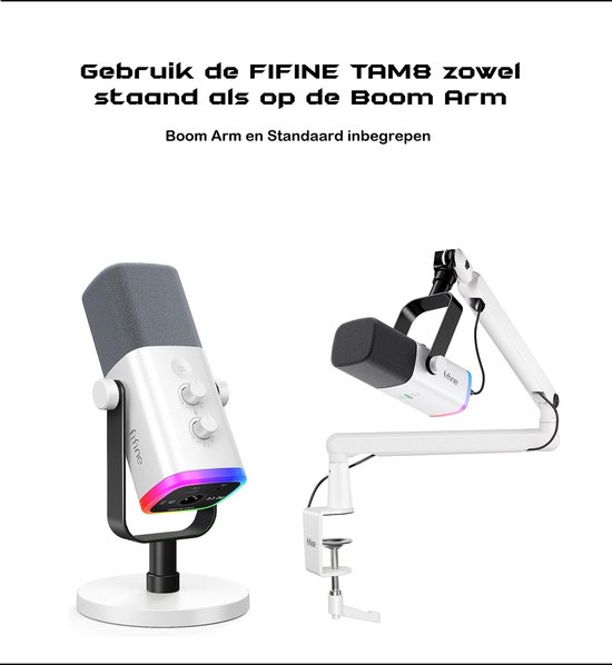 FIFINE - TAM8 - Microphone de studio USB / XLR - Bras flexible (BM88) - Avec passe-câbles - Convient pour PC/PS4/PS5 - RVB - Podcast - Gaming - Streaming - Wit