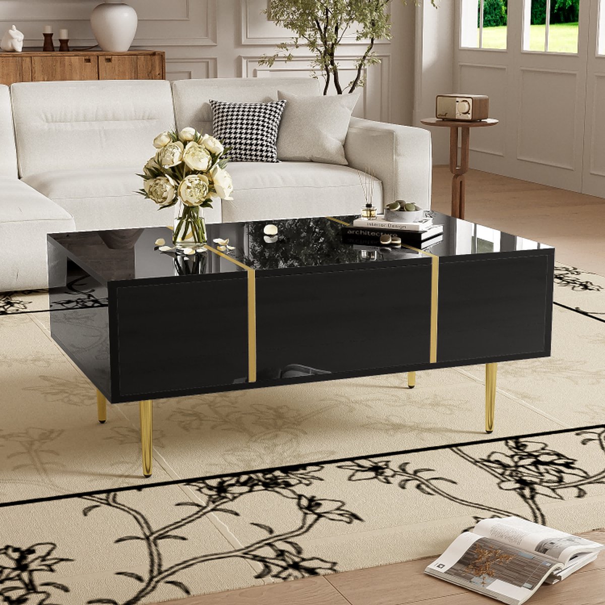 Sweiko Hoogglans salontafel, 2 laden, minimalistisch, zwart