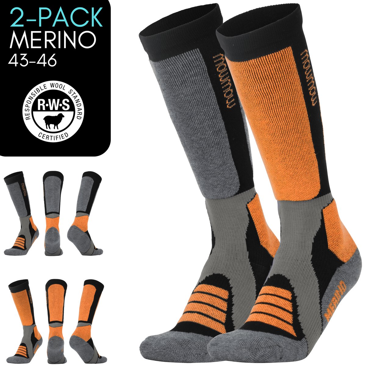 MowMow Skisokken Zilverionen Antibacterieel Heren Dames 43-46 Merino 2-pack