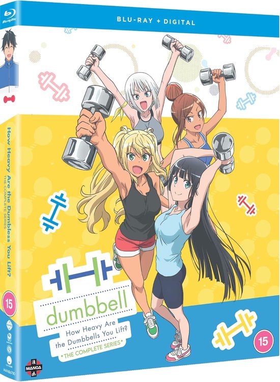 Vier anime-vrouwen met halters, staande op een gele achtergrond. De titel "dumbbell" is groot weergegeven.