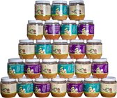 Vogelpindakaas Smulsensatie 24x | Vogel Pindakaas Voordeelpakket 24x : 8x Klassiek + 8x Bosbessen + 8x Klassiek Appel | THT 11-2026 | Universele Plastic Potjes