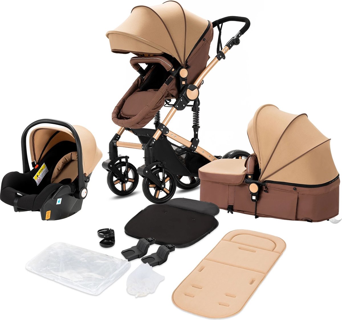 Luxe 3-in-1 Kinderwagen - Wandelwagen - Autostoeltje - Buggy - Reiswieg - Inklapbaar - 0-36 Maanden - Khaki - Luxe - €159,95