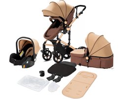 Luxe 3-in-1 Kinderwagen - Wandelwagen - Autostoeltje - Buggy - Reiswieg - Inklapbaar - 0-36 Maanden - Khaki