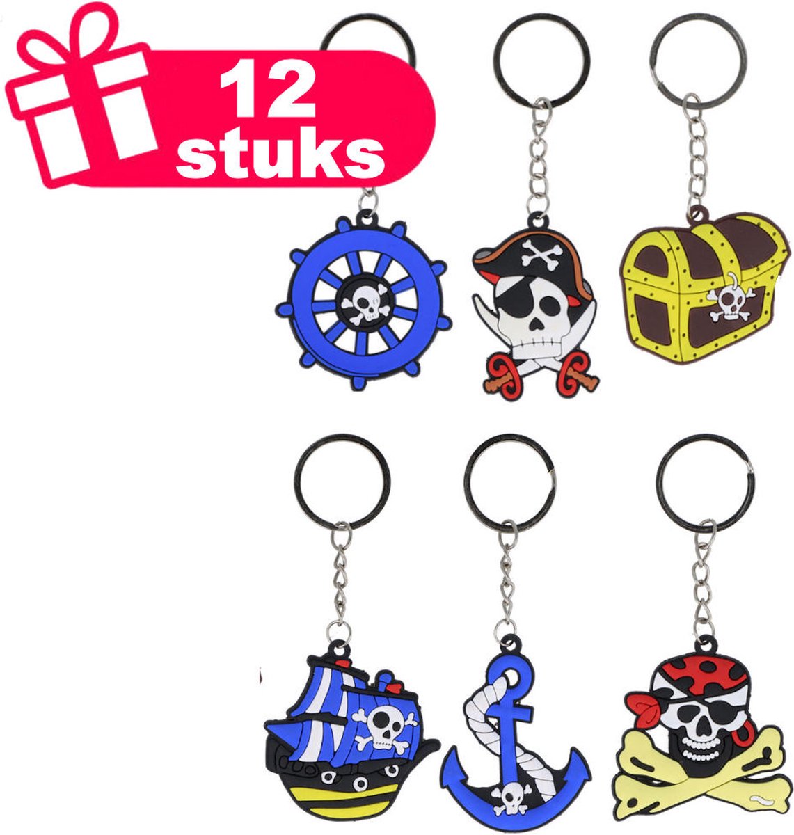 Henbrandt - 12 Stuks Mix Piraat / Piraten Sleutelhangers - Traktatie uitdeelcadeautjes voor kinderen & peuters - Traktaties en kinderverjaardagen - Klein grabbelton speelgoed voor in traktatie uitdeelzakjes