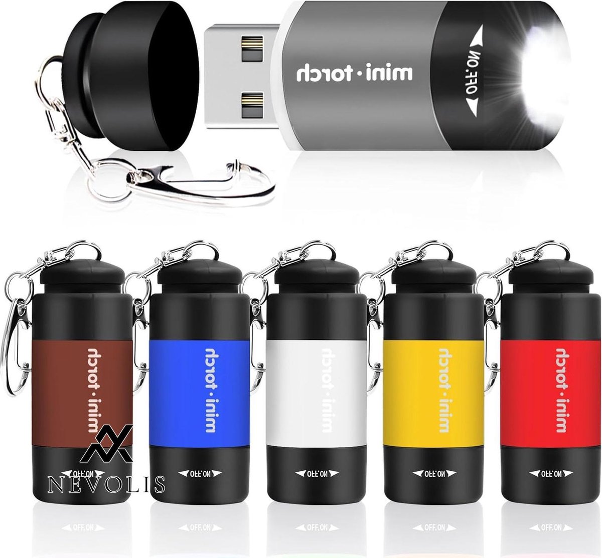 Nevolis Pack of 6 Children's Flashlight Colourful USB Rechargeable Flashlights with Keychain for Children's Birthday Camping Outdoor Hiking - White Dark Blue Grey Yellow Red .