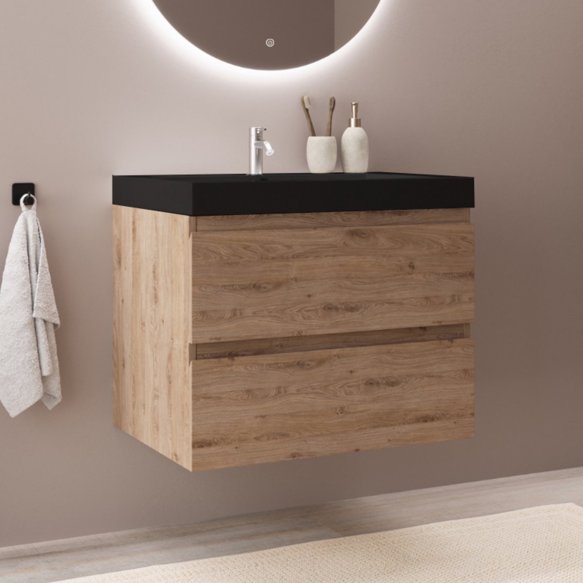 LOMAZOO Badkamermeubel Licht Eiken 60 cm - Wastafel Zwart - Wastafelmeubel - Wastafelkast Zwevend [MONACO]