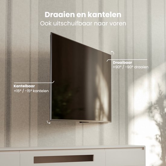 Draaibare en kantelbare TV-muurbeugel, ook uitschuifbaar naar voren. Draaibaar +90°/-90°, kantelbaar +15°/-15°.