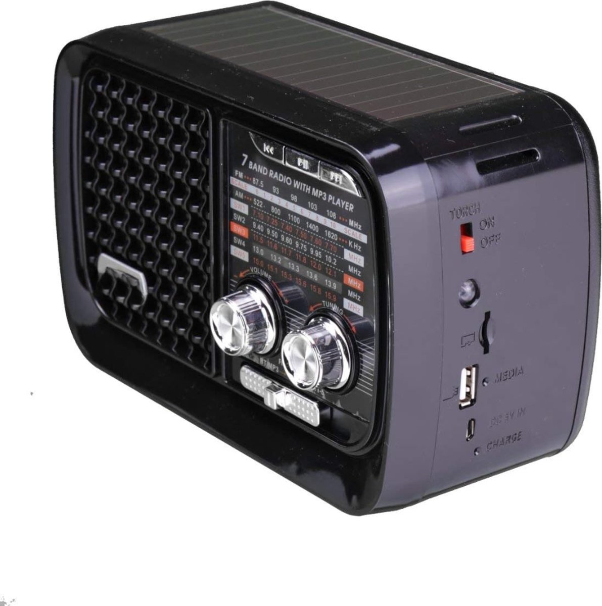 Draagbare radio met Bluetooth-luidspreker, 7 banden en MP3 SD-kaartspeler, oplaadbare batterij, USB en zaklamp inbegrepen