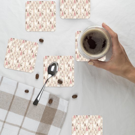 Sous-verres verres pour verres - Sapin de Noël - Rennes - Beige - Motifs - Noël - 10x10 cm - Sous-verres en verre - 6 pièces - Décoration de table de Noël - Décoration de table de Noël - Décoration de table