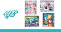 Un collage de quatre livres 'autocollant par numéro' Totum: licornes, Frozen, Stitch et Paw Patrol.