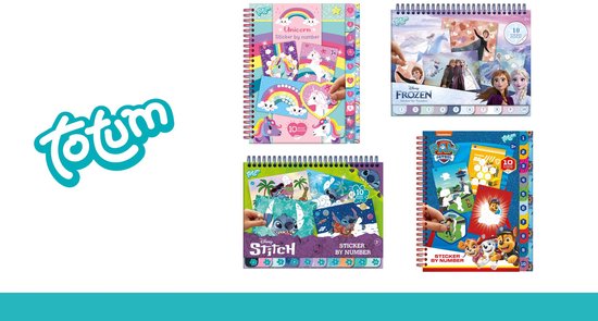 Un collage de quatre livres 'autocollant par numéro' Totum: licornes, Frozen, Stitch et Paw Patrol.