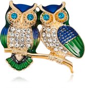 Broche Fantaisie Hibou Doré Avec Oxydes De Verre Bleu Et Vert - Bijou Vintage Lourd (15g), Occasion