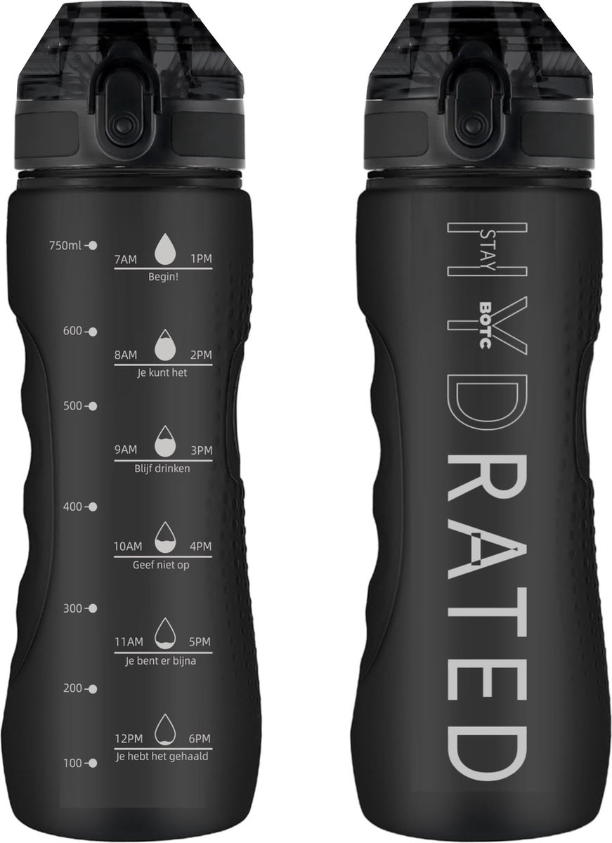 BOTC Waterfles - 1000ml - BPA vrij - Tritan - Waterfles met Rietje - Waterfles met tijdmarkering - Zwart