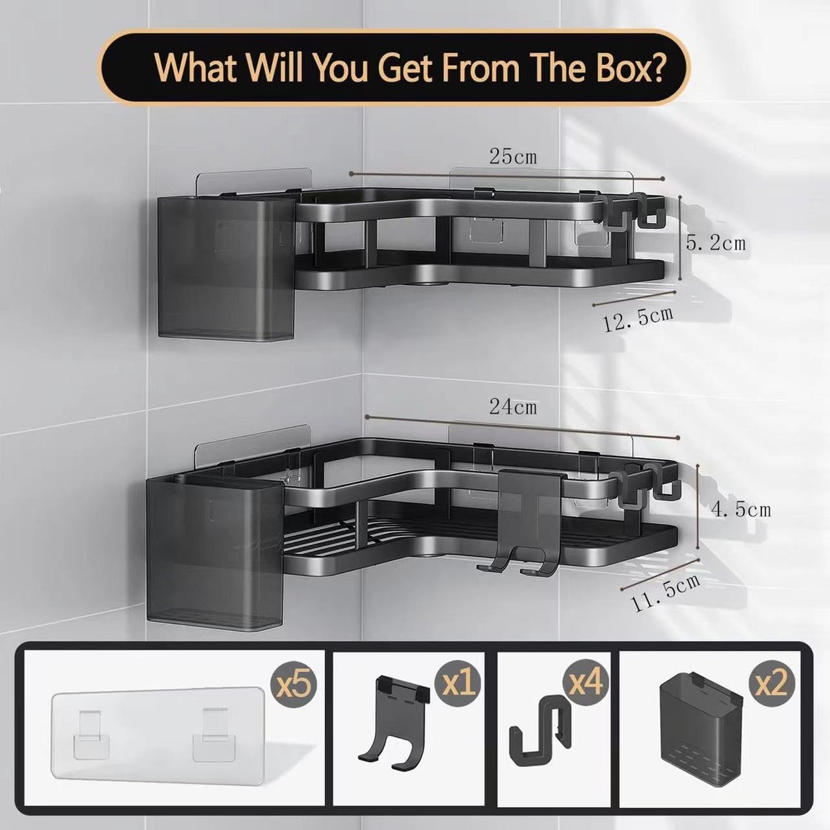 Hoek Douche Plank Geen Boren Badkamer Organizer Hoekplank,Lijm Badkamer Plank Zelfklevende Douchemandjes Opbergmand voor Shampoo - 2 Tier, Aluminium