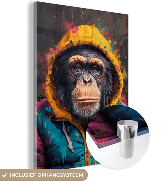 MuchoWow® Glasschilderij 60x80 cm - Schilderij acrylglas - Graffiti - Chimpansee - Jas - Aap - Verf - Foto op glas - Muurdecoratie woonkamer - Wanddecoratie slaapkamer - Schilderijen