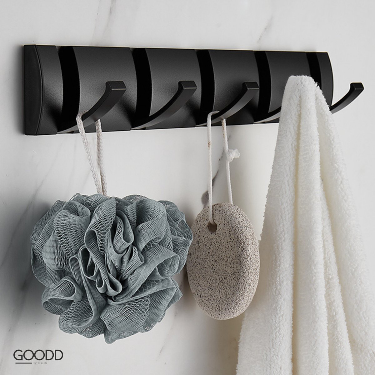 GOODD® Orleans - Handdoekhaak - Jashaak - Handdoekhouder - Kapstok - Handdoekrek - mat zwart - 5 uitklapbare haken - vocht en vuilbestendig - Rvs - Dubbele Poeder coating