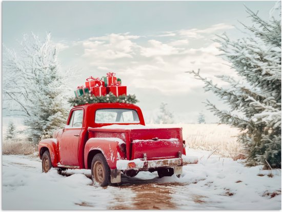 Poster 40x30 cm - Auto - Rood - Cadeaus - Winter - Sneeuw - Kerst - Posters - Kamer decoratie - Wanddecoratie woonkamer - Muurdecoratie slaapkamer - Kerstversiering - Kerstdecoratie voor binnen - Kerstmis
