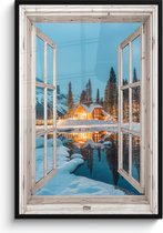 Poster in lijst - Fotolijst 80x120 cm - Posters - Doorkijk - Winterlandschap - Natuur - Huis - Bergen - Posterlijst zwart - Decoratie - Wanddecoratie woonkamer - Muurdecoratie slaapkamer