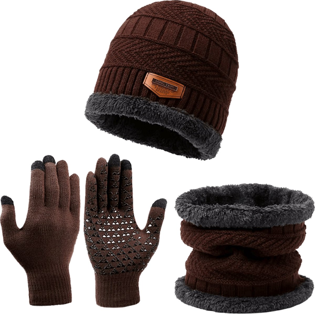Winterset - Gebreide Beanie Muts, Col-Sjaal & Touchscreen Handschoenen - Wol Gevoerd - Warme Baggy Skimuts - Winter Muts, Nekwarmer en Touchscreen Handschoenen Set voor Heren & Dames - Ideaal voor Skiën & Outdoor - Bruin