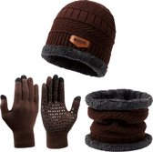 Winterset - Gebreide Beanie Muts, Col-Sjaal & Touchscreen Handschoenen - Wol Gevoerd - Warme Baggy Skimuts - Winter Muts, Nekwarmer en Touchscreen Handschoenen Set voor Heren & Dames - Ideaal voor Skiën & Outdoor - Bruin