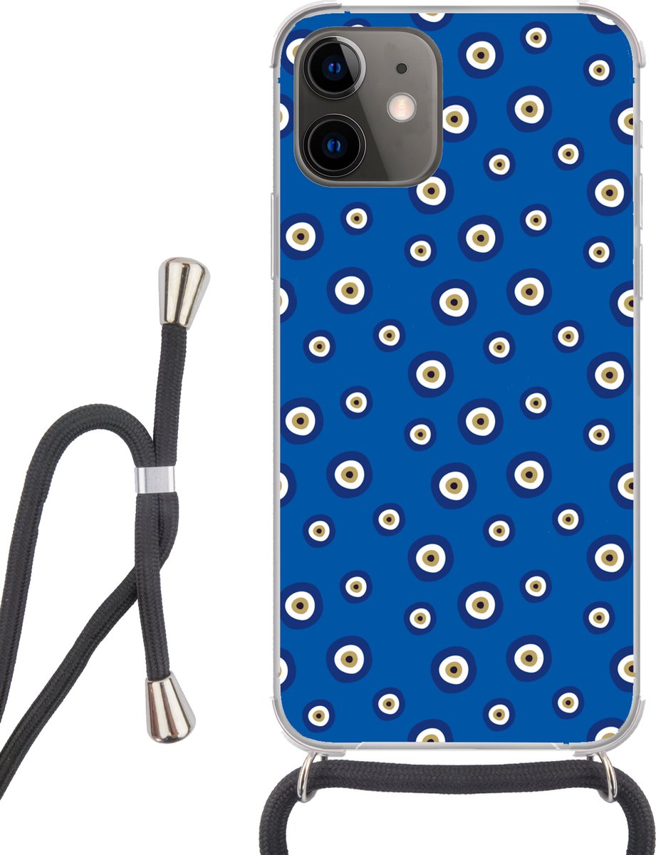 Telefoonhoesje Geschikt voor iPhone 12 - Griekse Boze Oog - Patroon - Blauw - Siliconen - Crossbody - Backcover met Koord - Telefoonhoesje met koord - Hoesje met touw Telefoonhoesje