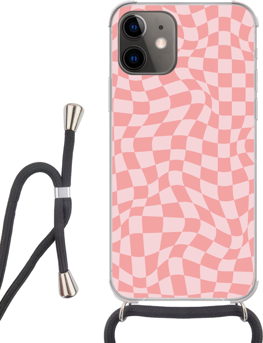 Telefoonhoesje Geschikt voor iPhone 12 - Hokjes patroon - Roze - Golvende lijnen - Siliconen - Crossbody - Backcover met Koord - Telefoonhoesje met koord - Hoesje met touw Telefoonhoesje