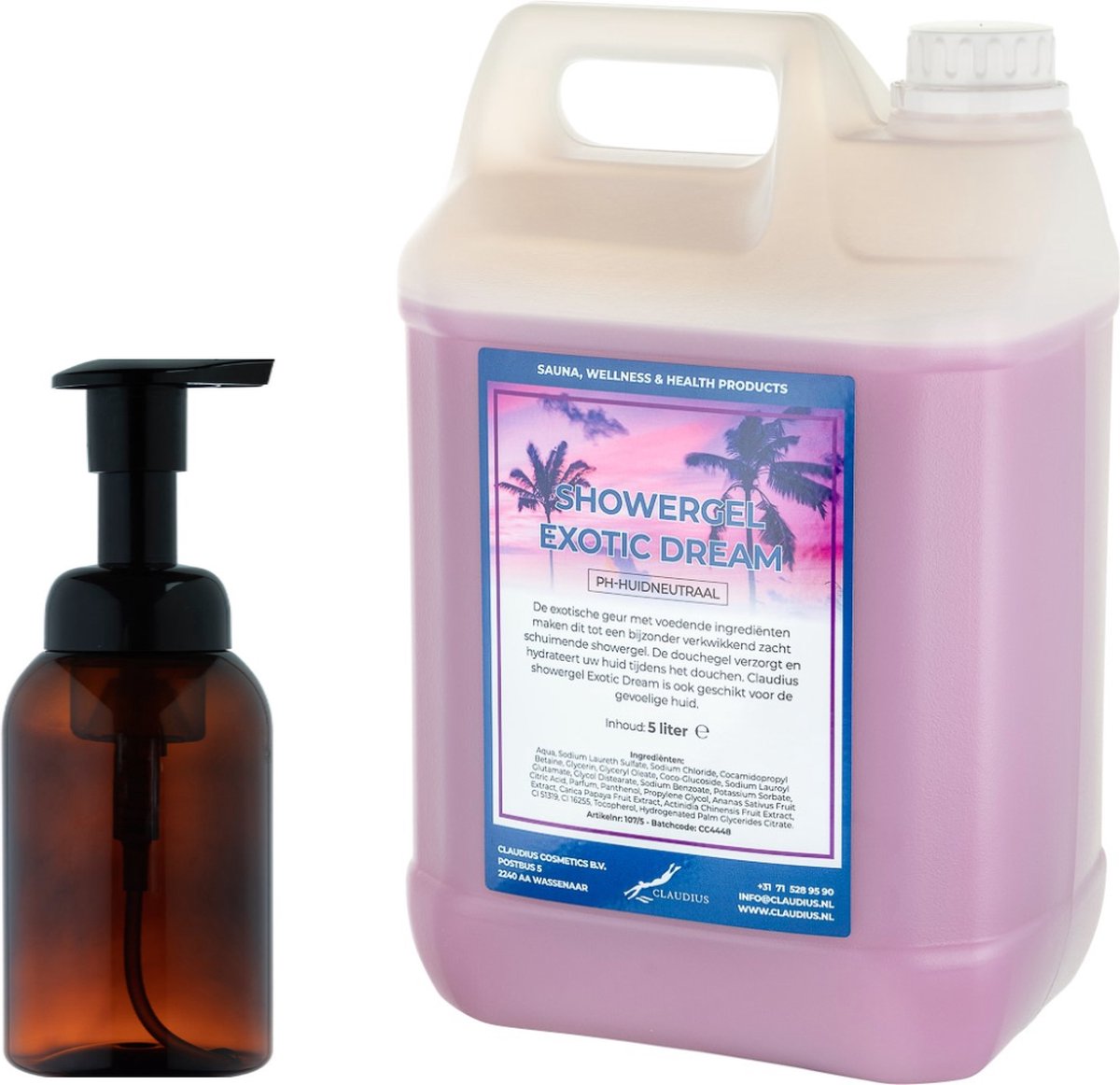 Goedkoopste Zeepdispenser 300 ml amber bruin hervulbaar 5 liter Showergel Exotic Dream navulling