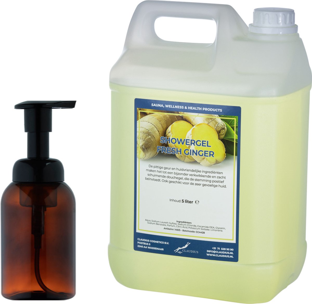 Goedkoopste Zeepdispenser 300 ml amber bruin hervulbaar 5 liter Showergel Fresh Ginger navulling