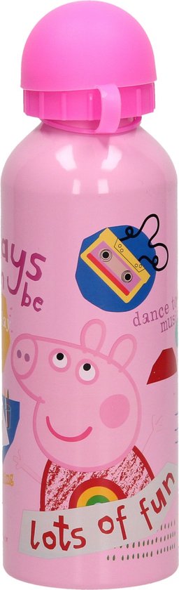 Gourde Peppa Pig rose avec Peppa, une cassette de musique et le texte 'Lots of fun'.